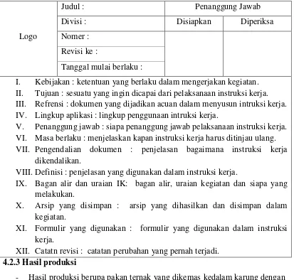Tabel 4.1 Format instruksi kerja 