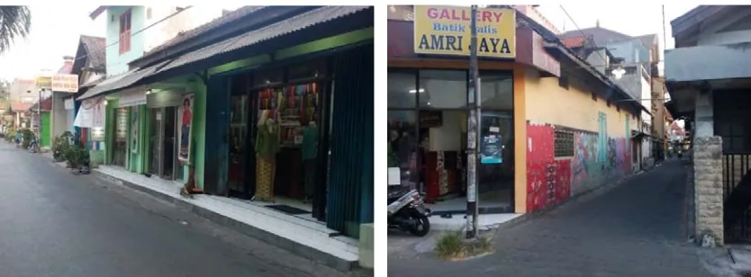 Gambar 5. Situasi Artshop Kampung Batik Jetis tampak sepi. Terlihat dinding bangunan sudah ada upaya untuk mengekspresikan seni mural batik, namun perlu penangan khusus agar bisa digunakan sebagai media promosi dengan teknik mural yang lebih artistik (Foto