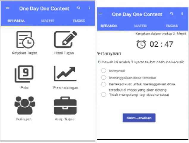 Gambar 6 Tampilan User Interface untuk Halaman Tugas  Tampilan  halaman  mengerjakan  tugas  harian  menampilkan daftar pertanyaan, pilihan jawaban dan 