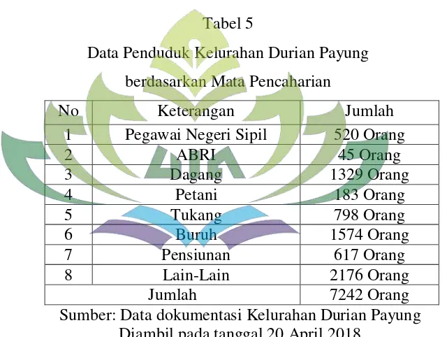 Tabel 5 Data Penduduk Kelurahan Durian Payung 