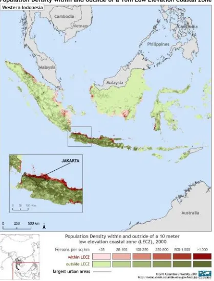 Figure 1 Locations of Mega Cities in the Coastal Areas of Indonesia. Sources: CIESIN, Columbia University, 2007 http://sedac.ciesin.columbia.edu/gpw/lecz.jsp