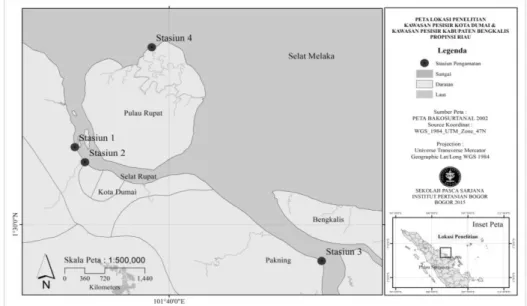 Gambar 1.  Peta  lokasi  pengamatan  dan  titik  pengamatan  di  ekosistem  mangrove  sekitar  lokasi  kawasan  industri  perminyakan  Kota  Dumai dan Kabupaten Bengkalis 