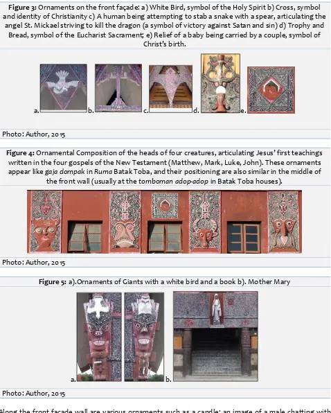 Figure 3: Ornaments on the front façade: a) White Bird, symbol of the Holy Spirit b) Cross, symbol 