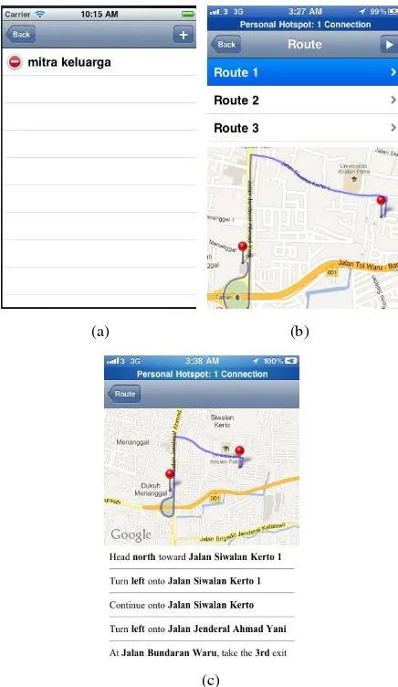Figure 6. Application: (a) Result after Searching Process, (b) 1st Alternative Routing Process, (c) Direction 