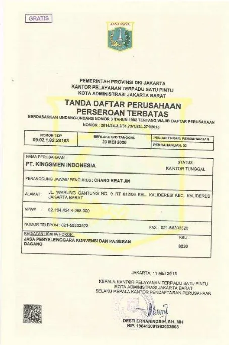 Gambar 2.4 Tanda Daftar Perusahaan Perseroan Terbatas PT. Kingsmen  (Sumber : PT Kingsmen Indonesia) 