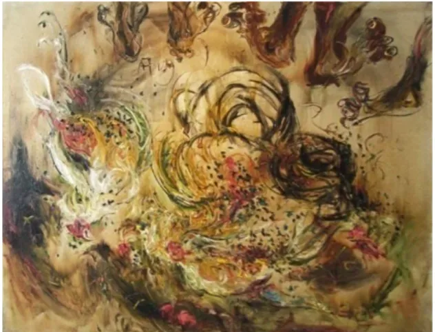 Gambar 1. Goresan spontan pada lukisan Affandi,   Four Dead Roosters and The Foot, 1980, cat minyak di  kanvas, 120 x 144 cm, di Museum Affandi Yogyakarta  (Foto: Deni Junaedi, 2012) 