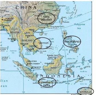 Gambar 1: tempat-tempat di Asia Tenggara yang mengenal kisah mitos tentang banjir besar,  lautan yang maha luas, dan datangnya air bah