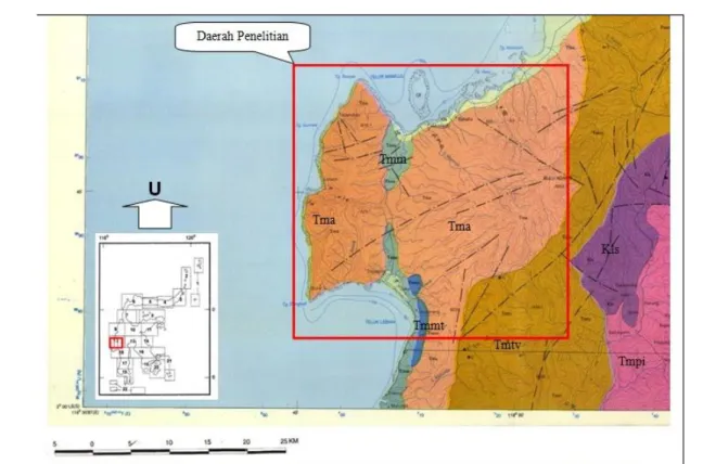 Gambar 2. Geologi regional daerah penelitian (kotak merah) terdiri atas batuan gunung api Talaya (Tmtv), batuan  gunung  api  Adang  (Tma),  batugamping  Formasi  Mamuju  (Tmm),  batugamping  Anggota  Tapalang  Formasi  Mamuju (Tmmt), batugamping koral (Qt