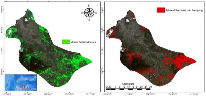 Gambar 5. Sebaran mineral alterasi kelompok ferromagnesian (kiri) dan kelompok lempung dan  karbonat (kanan) menggunakan rasio 5/6 dan 6/7 Citra Landsat 8 di daerah penelitian  Kombinasi  dari  kedua  hasil  pengolahan  data 