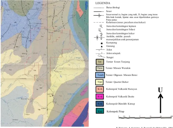 Gambar 1. Peta geologi regional PT. Adaro Indonesia pada lembar Amuntai dan lembar Sampanahan (Pusat Survei Geologi; 1994, 2007)