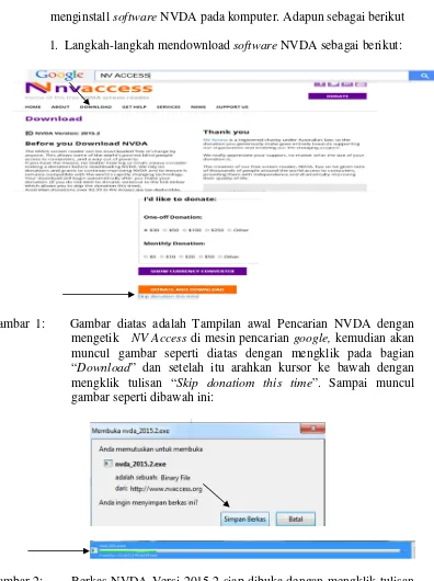Gambar 1:    Gambar diatas adalah Tampilan awal Pencarian NVDA dengan mengetik   NV Access di mesin pencarian google, kemudian akan muncul gambar seperti diatas dengan mengklik pada bagian “Download” dan setelah itu arahkan kursor ke bawah dengan mengklik 