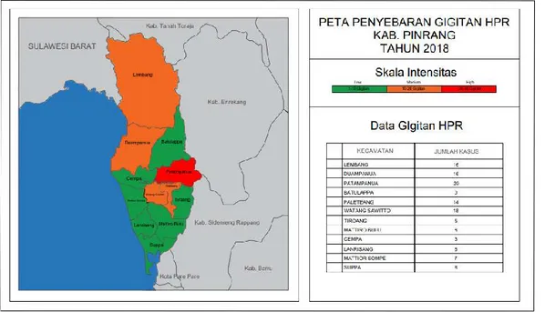 Gambar 1. Peta Persebaran Kasus HPR di Kabupaten Pinrang Tahun 2018  (Dinas Peternakan dan Perkebunan Kab Pinrang, 2019)