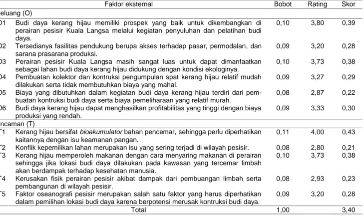 Tabel 3  Perumusan  strategi  pemanfaatan  perairan  pesisir untuk  budi  daya  kerang  hijau  di  pesisir  Kuala  Langsa,  Provinsi  Aceh 