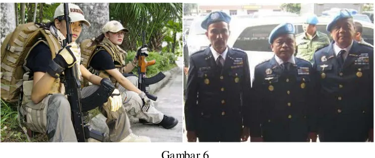 Gambar 6. Sosok dua perempuan anggota airsofter (kiri). Tiga lelaki dengan seragam jenderal NATO 