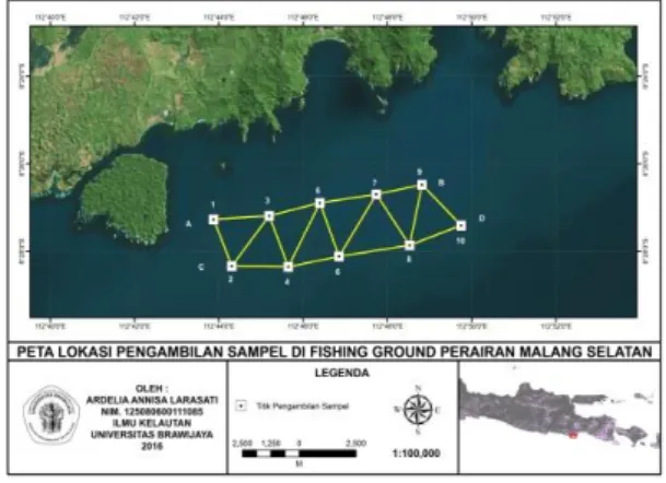 Gambar  1.  Peta  lokasi  penelitian.  10  titik  pengambilan  sampel  di  Perairan  Malang  Selatan, yang diambil dengan metode zigzag