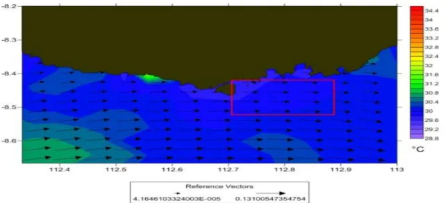 Gambar  2.  Pola  pergerakan  arus  permukaan  (anak  panah)  dan  Suhu  permukaan  laut  (SST,  skala  warna) pada bulan April 2016