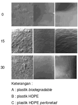 Gambar 4.Pengaruh lama waktu penyimpanan terhadap morfologi permukaan plastik 