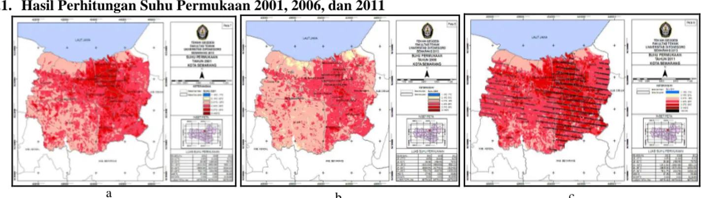 Gambar 3.1. (a) Peta Suhu Permukaan Kota Semarang 2001, (b) Peta Suhu Permukaan Kota Semarang 2006,   (c) Peta Suhu Permukaan Kota Semarang 2011