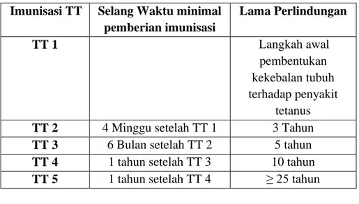 Tabel 2.4. Interval pemberian Imunisasi TT pada ibu hamil  Imunisasi TT  Selang Waktu minimal 