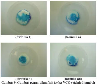 Gambar 9. Gambar penampilan fisik lotion VCO setelah ditambah  dengan zat warna yang larut dalam fase eksternal  