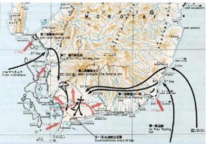 Gambar 4. Upaya Jepang dari Halmahera mendaratkan pasukannya di sisi  barat dan timur pulau Morotai, 27 September-9 Oktober 1944  Sumber : Harold W