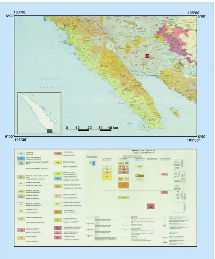 Gambar 1. Peta Geologi Regional Lembar Kotaagung disederhanakan (Amin dkk.,1988).  Tanda  █  menunjukkan lokasi daerah penelitian