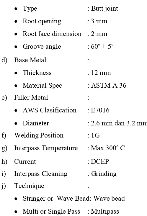 Tabel 3.1. Welding procedure specification variasi root gap 3 mm. 