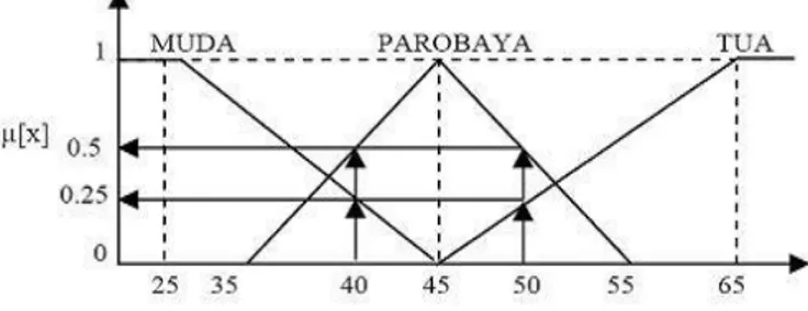 Gambar 2.2 Himpunan Fuzzy Muda, Parobaya, dan Tua 