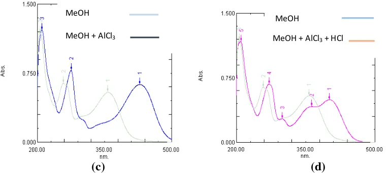 Gambar 1.   Spektrum UV senyawa hasil isolasi (a), spectrum UV ketika  senyawa hasil isolasi   ditambahkan NaOH (b)  