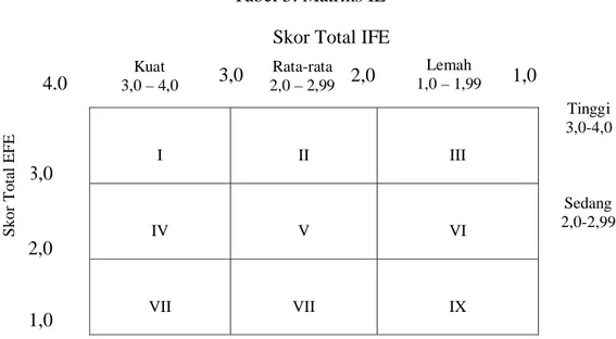Tabel 5. Matriks IE  I  II  III  IV  V  VI  VII  VII  IX Kuat 3,0 – 4,0  Lemah  1,0 – 1,99  Tinggi  3,0-4,0 Sedang  2,0-2,99 Rata-rata 2,0 – 2,99 4,03,02,01,03,0 1,02,0