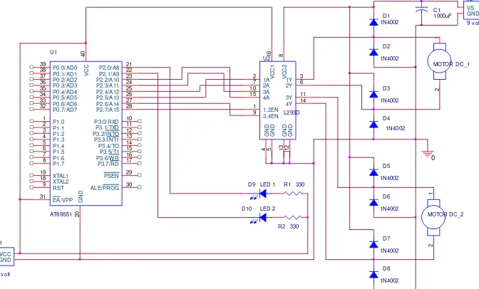 Gambar 3.7. Rangkaian mikrokontroler dengan IC driver motor L293D  