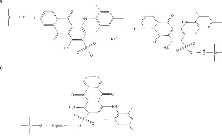 Figure 7. (a) Interaction between the protonated silanol groups in bentonite and the negatively charged Acid Blue 129 ions.(b) Ionic repulsion between the negatively charged adsorbent surface and the anionic dye molecules.