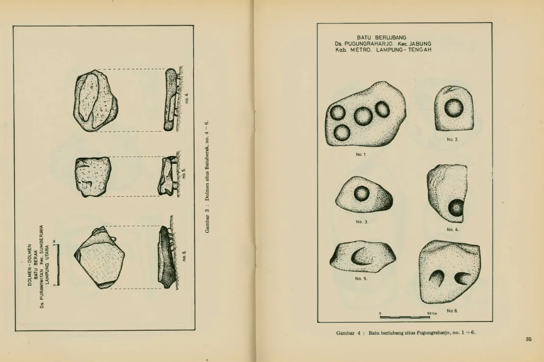 Gambar 4 : Batu berlubang situs Pugungraharjo, no. 1 — 6. 