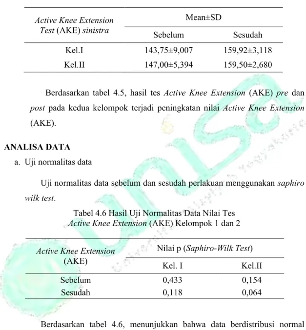 Tabel 4.5 Hasil Tes Active Knee Extension (AKE) pada   UKM Karate Universitas Ahmad Dahlan 