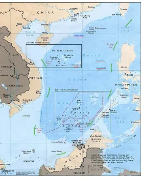 Fig 3. Map of South China Sea showing China’s Nine Dash Line Claim (in green): modiﬁed version of 1988 map from U.S
