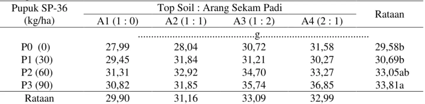 Tabel  3.  Bobot  polong  per  sampel  tanaman  kacang  bogor    pada    pemberian  pupuk  P  dan  arang      sekam padi 