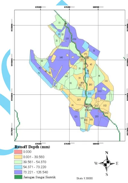 Gambar 3  .  Kedalaman limpasan akibat  hujan kala ulang 5 th (tata  guna lahan 2010)  