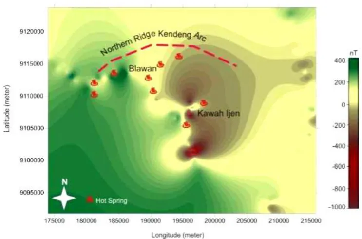 Fig. 4. Hot springs distribution around Blawan-Ijen area overlay with magnetic anomaly contour map 
