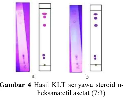 Tabel 6. Data penampakan noda senyawa steroid dari KLTA ekstrak kloroform S. vulgare pada eluen terbaik n-Heksana:Aseton (7:3)