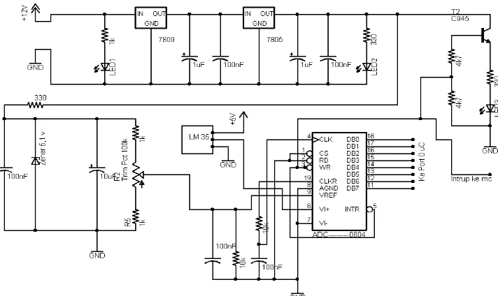 Gambar 3.4    Rangkaian  Sensor Suhu dan ADC 