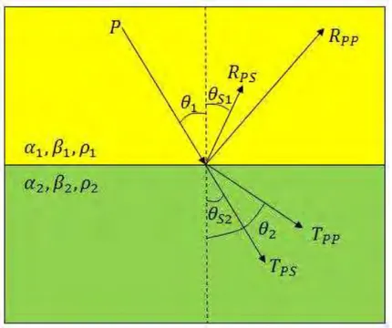 Gambar 2.1  Konversi gelombang P pada medium (Lawton dkk, 2001)  Jika  gelombang  P  atau  S  merambat  melalui  suatu  medium  kemudian  mengenai batas perlapisan, maka gelombang tersebut akan terkonversi menjadi  tipe gelombang yang lain
