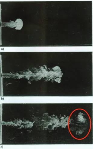 Figure 4. LIF photographs illustrating the propagation of an unsteady jet: a) t = 0.2 sec, 5d; b) t = 0.5 sec, 13 d; and c) t = 0.8 sec, 18 d