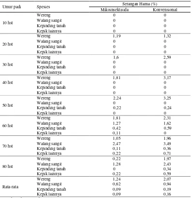 Tabel 1. Serangan hama wereng dan kepik (%) di lahan yang diaplikasikan mikoinsektisida dan konvensional pada tanaman padi umur 10-80 hst di sawah lebak  