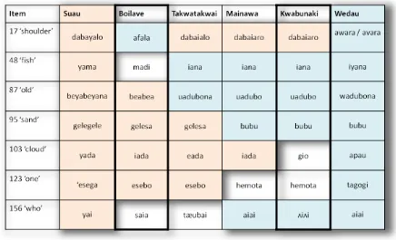 Table 6. Lexical similarities with Suau (red) and Wedau (blue) 