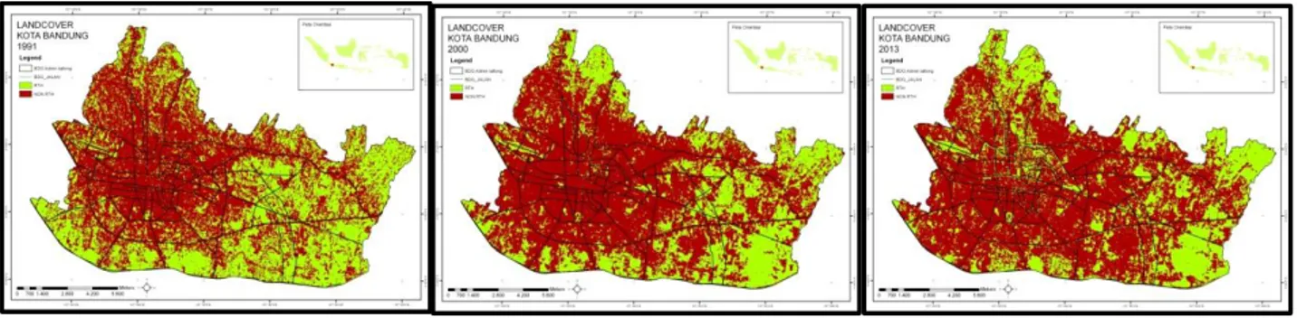 Gambar 2. Peta landcover Kota Bandung tahun 1991, 2000, dan 2013 2 