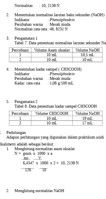 Tabel 7. Data penentuan normalitas larutan sekunder NaOH