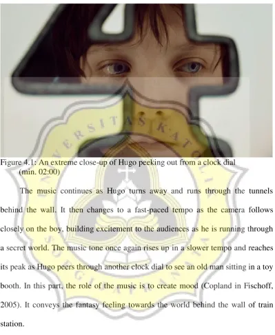 Figure 4.1: An extreme close-up of Hugo peeking out from a clock dial 