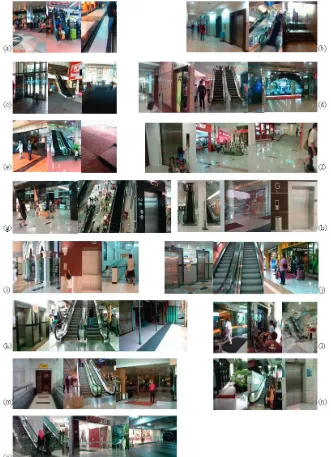 Fig. 1. Documentation of entrance and circulation facilities of malls in Surabaya (a) Plaza Marina; (b) Royal Plaza;(c) Surabaya Town Square; (d) Tunjungan Plaza; (e) Hi-Tech Mall; (f) Pakuwon Trade Centre; (g) Supermall; (h)Ciputra World; (i) Grand City; (j) Atum Mall; (k) Pasar Atum; (l) Galaxy Mall; (m) Plaza Surabaya; (n) World Trade Centre; (o) City of Tomorrow