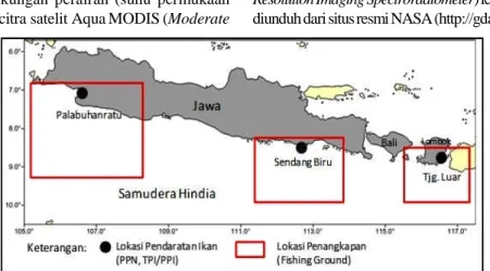 Gambar 1. Lokasi pengambilan sampel ikan tongkol komo di selatan Jawa dan Nusa Tenggara