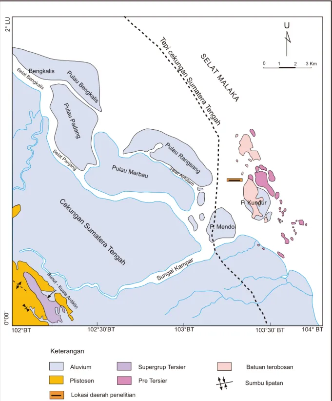 Gambar 1.  Peta lokasi penelitian dan ikhtisar geologi Bengkalis &amp; Siak Indrapura (Cameron dkk, 1982)